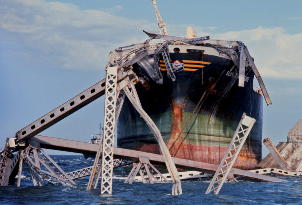 Sunshine Skyway Bridge Tampa Bay Florida Warped Wilted Steel Evidence of DEW takedown - Notice amazing Insta-Rust and MELTED steel girders!  Ships do not venture with that kind of rust and the MELTED girders are dead-giveaway of DEW.