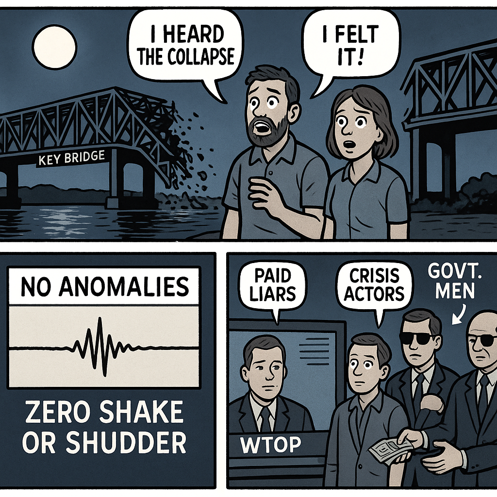 Baltimore Key Bridge #127 - WTOP reports 3 Marylanders noted Great Big Noise yet Seismometers recorded Zilch
