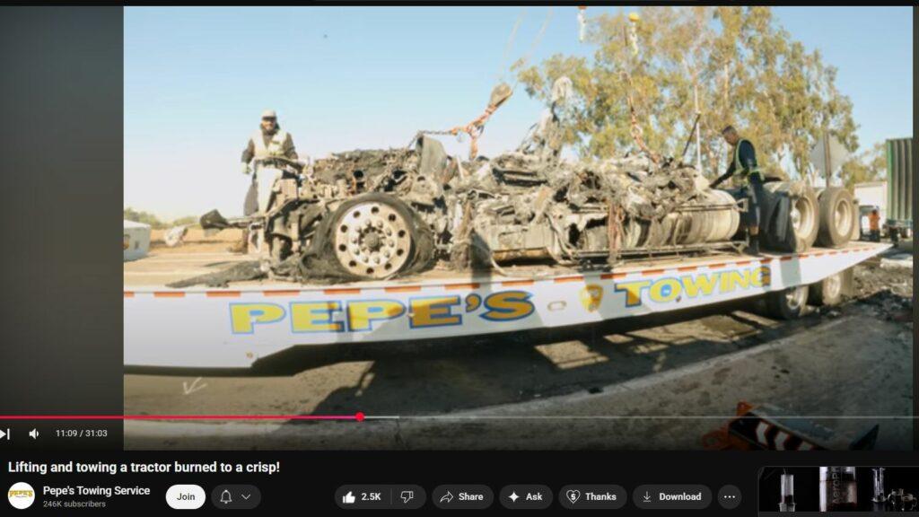 Lifting and towing a tractor burned to a crisp!  DEW Attack