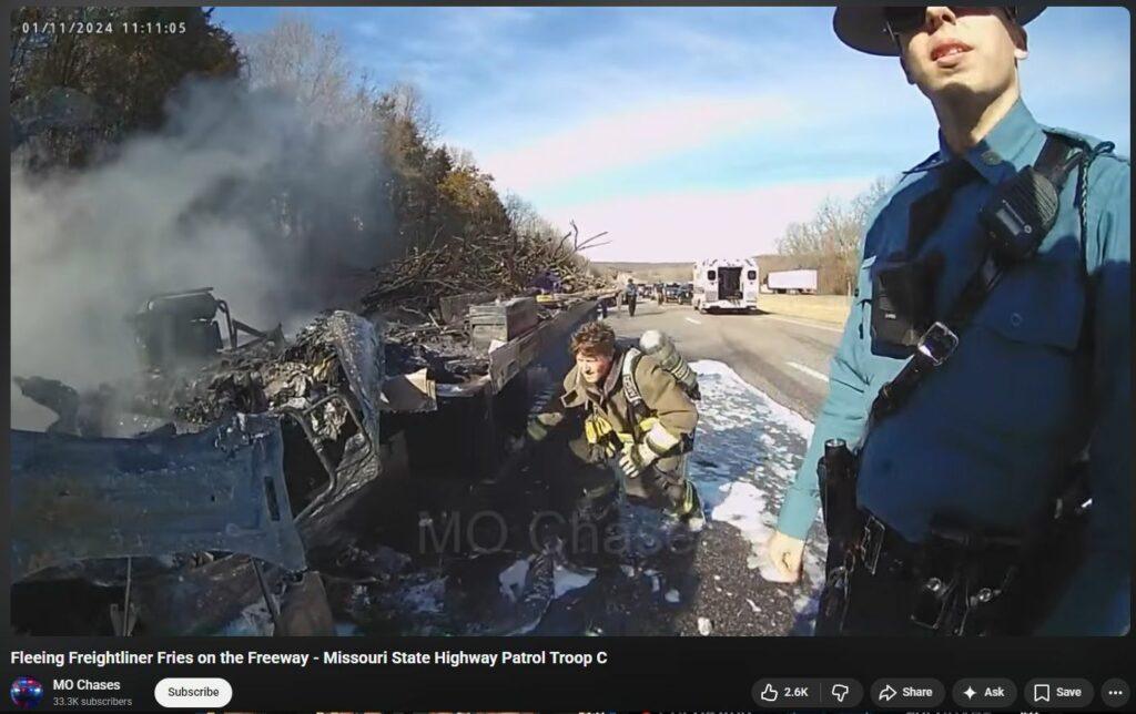 Fleeing Freightliner Fried by DEW on the Freeway - Missouri State Highway Patrol