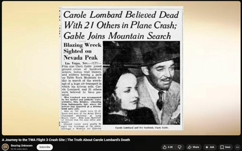 Carole Lombard wife of Clark Gable downed by DEW in TWA Flight 3
